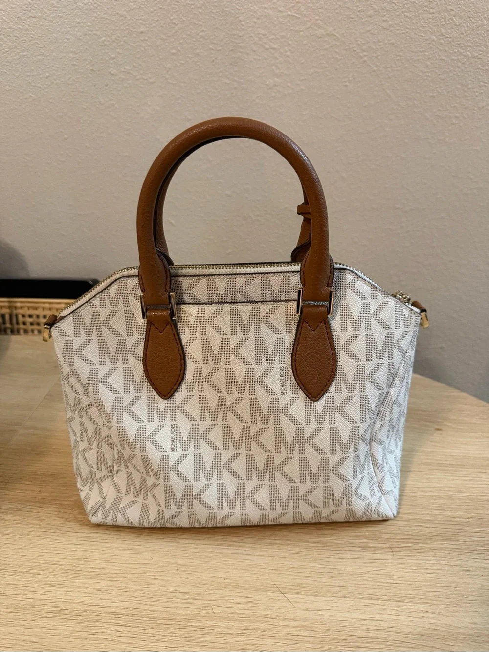Michael Kors Logo Satchel in Cream and Brown